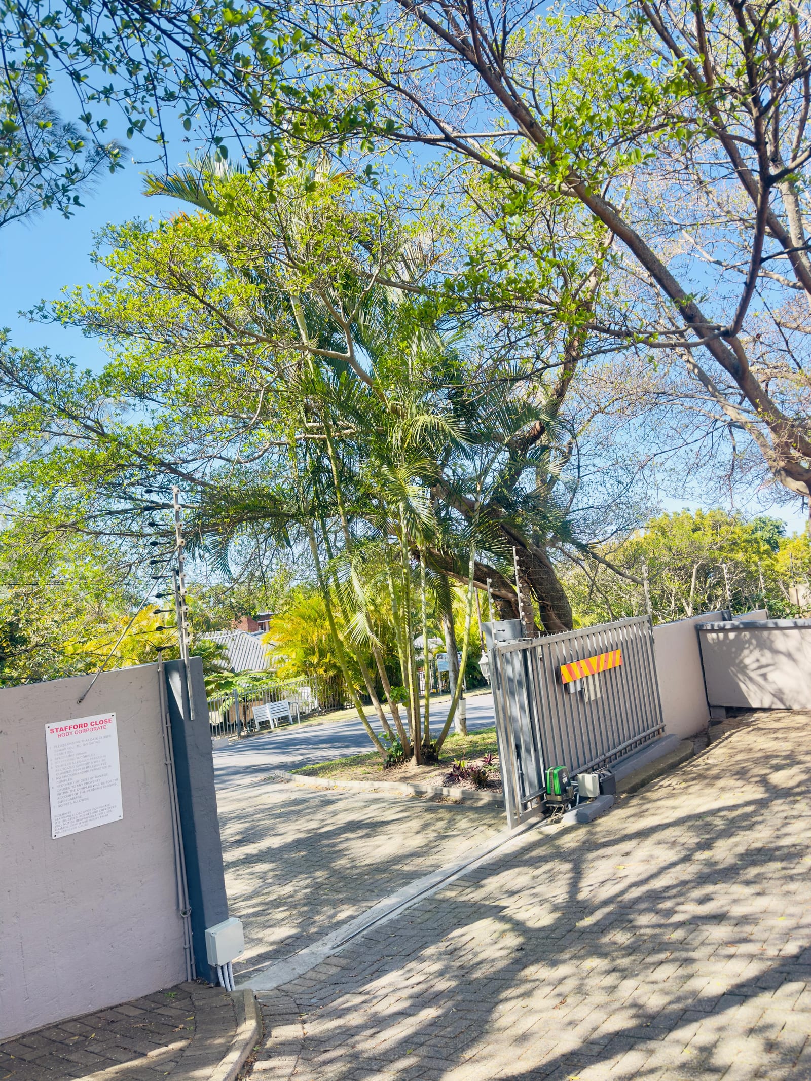 The automated security gate at the entrance to Stafford Close